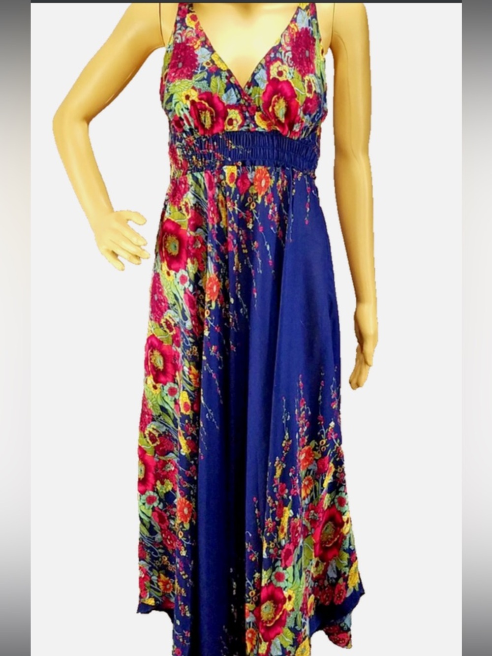 Women's Navy Floral Maxi Dress with V-Neck